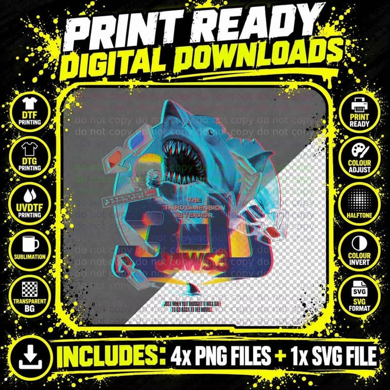 Jaws 3D Shark Glitch Cyberpunk 80s Retro T-Shirt Png SVG Digital Bundle