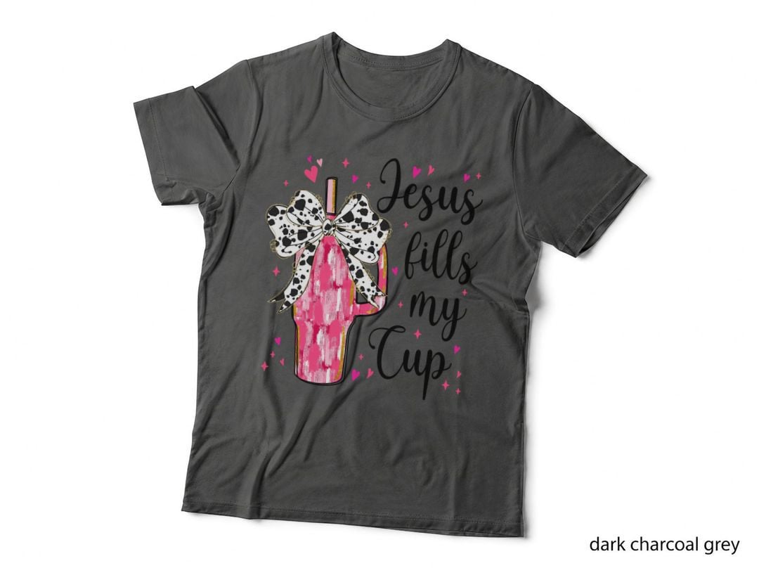 Jesus Fills My Cup Pink Distressed Letters Cow Spots Bow Coffee Theme T-Shirt