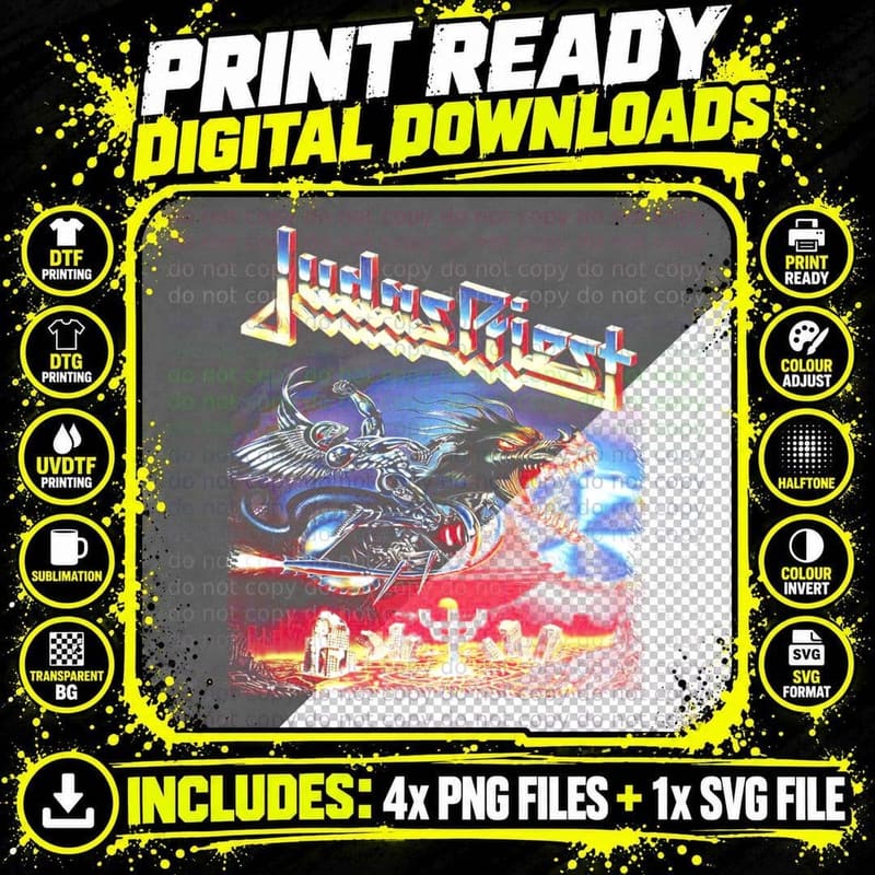 Judas Priest Chrome 3D Logo Rider Dragon Creature Png SVG Digital Bundle