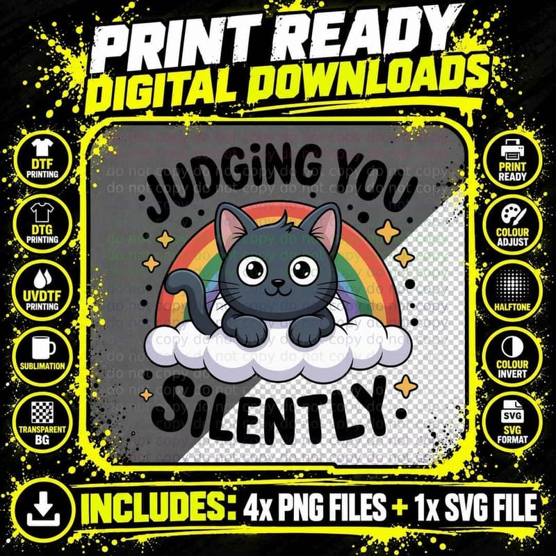 Judging You Silently Cat T-Shirt, Cat on Cloud with Png SVG Digital Bundle