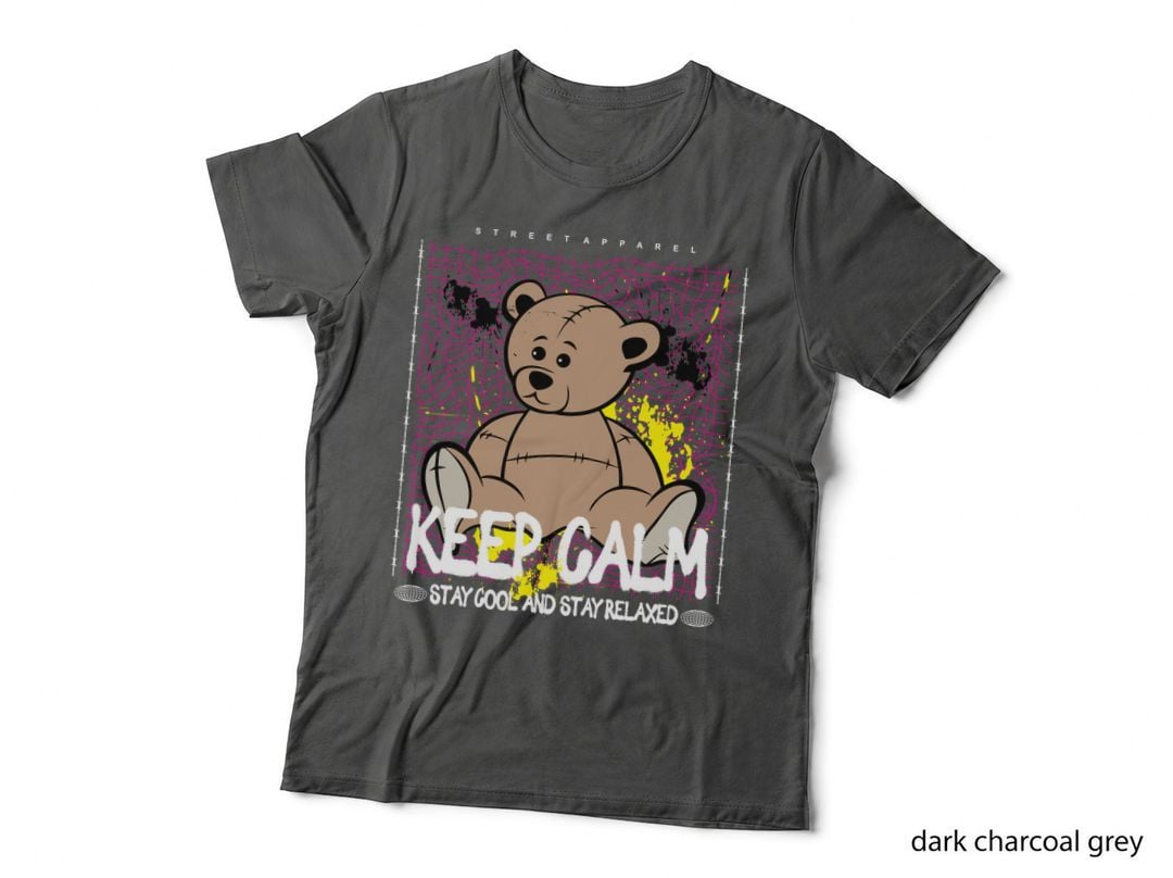 Keep Calm Stay Cool and Relaxed Tan Bear on Pink Grid Streetwear T-Shirt