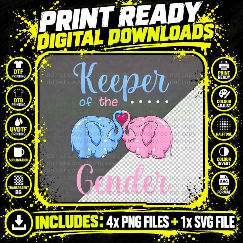 Keeper of the Gender Elephant in Blue and Pink - Party Png SVG Digital Bundle