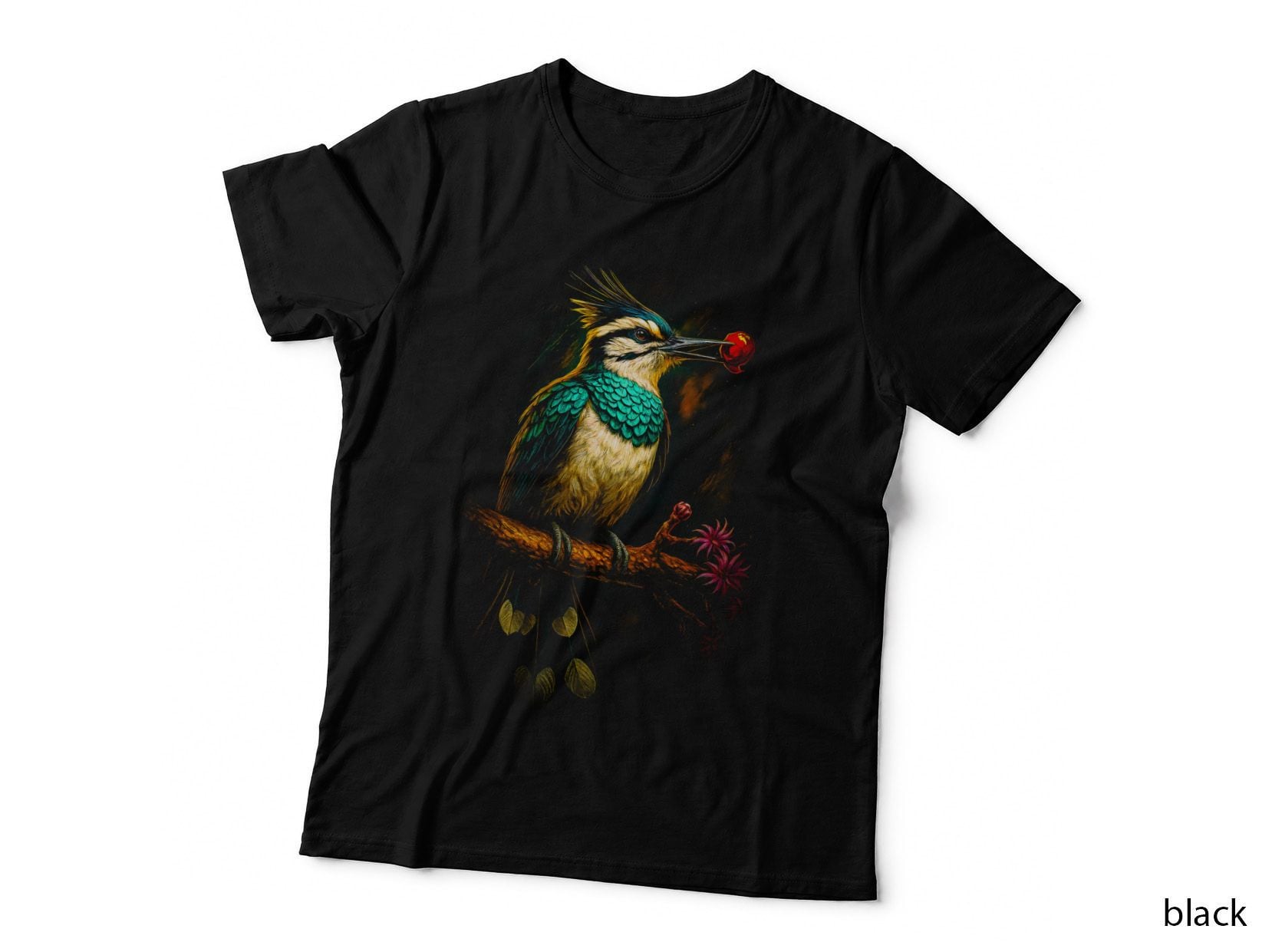 Kingfisher T-Shirt, Halftone Exotic Kingfisher Flowers Graphic Tee