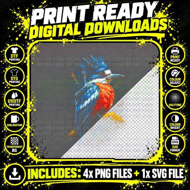 Kingfisher T-Shirt, Halftone Floral Kingfisher Graphic Png SVG Digital Bundle