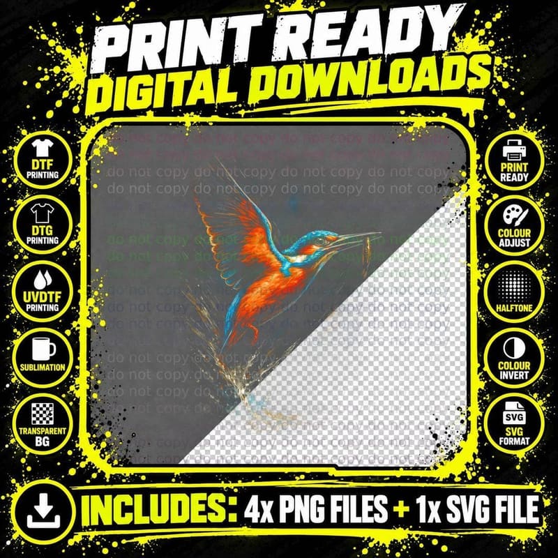 Kingfisher T-Shirt, Halftone Water Dive Kingfisher Png SVG Digital Bundle
