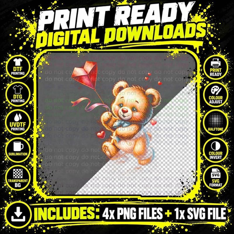 Kite Flying Playful Bear T-Shirt, Halftone Cute Teddy Png SVG Digital Bundle