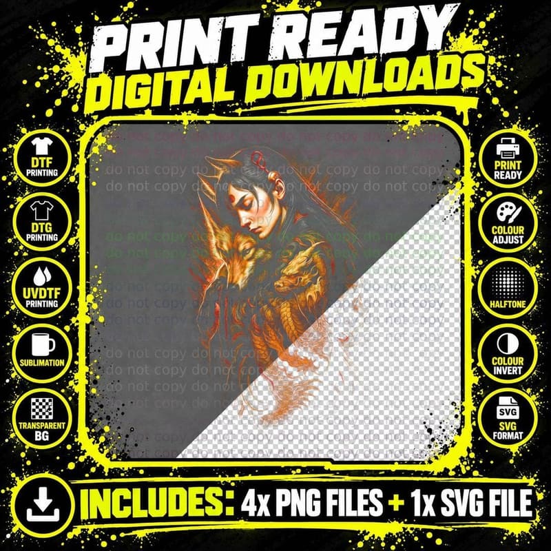Kitsune Woman T-Shirt, Halftone Japanese Fox Graphic Tee Png SVG Digital Bundle