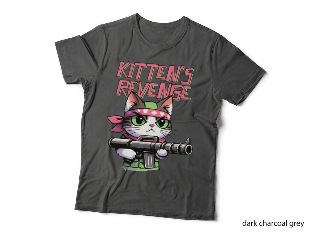 Kitten's Revenge Cat T-Shirt, Kitten Holding Gun with Bandana Graphic Tee