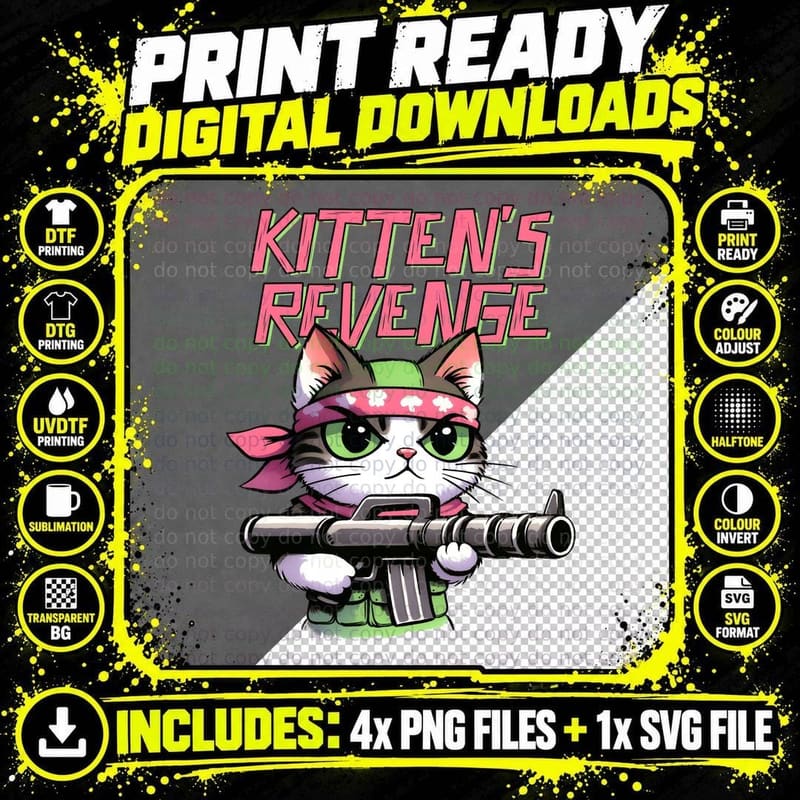 Kitten's Revenge Cat T-Shirt, Kitten Holding Gun with Png SVG Digital Bundle