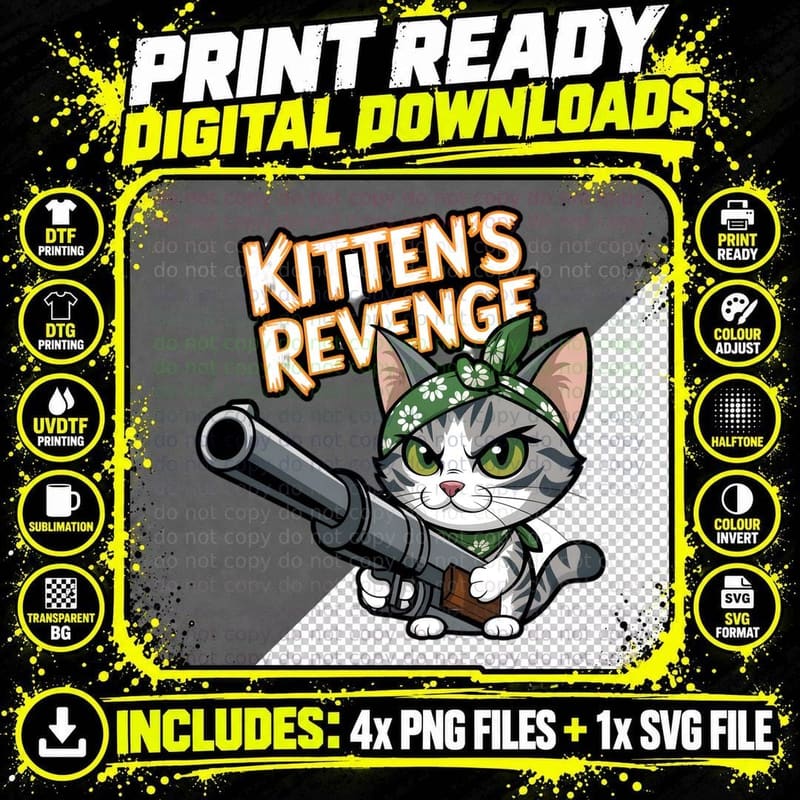 Kitten's Revenge Funny Cat T-Shirt Png SVG Digital Bundle