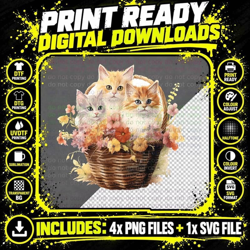 Kittens in a Floral Basket Cat T-Shirt, Cat Graphic Tee Png SVG Digital Bundle