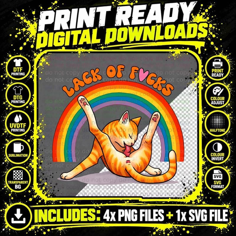 Lack of Fucks Cat T-Shirt, Stretching Cat with Rainbow Png SVG Digital Bundle