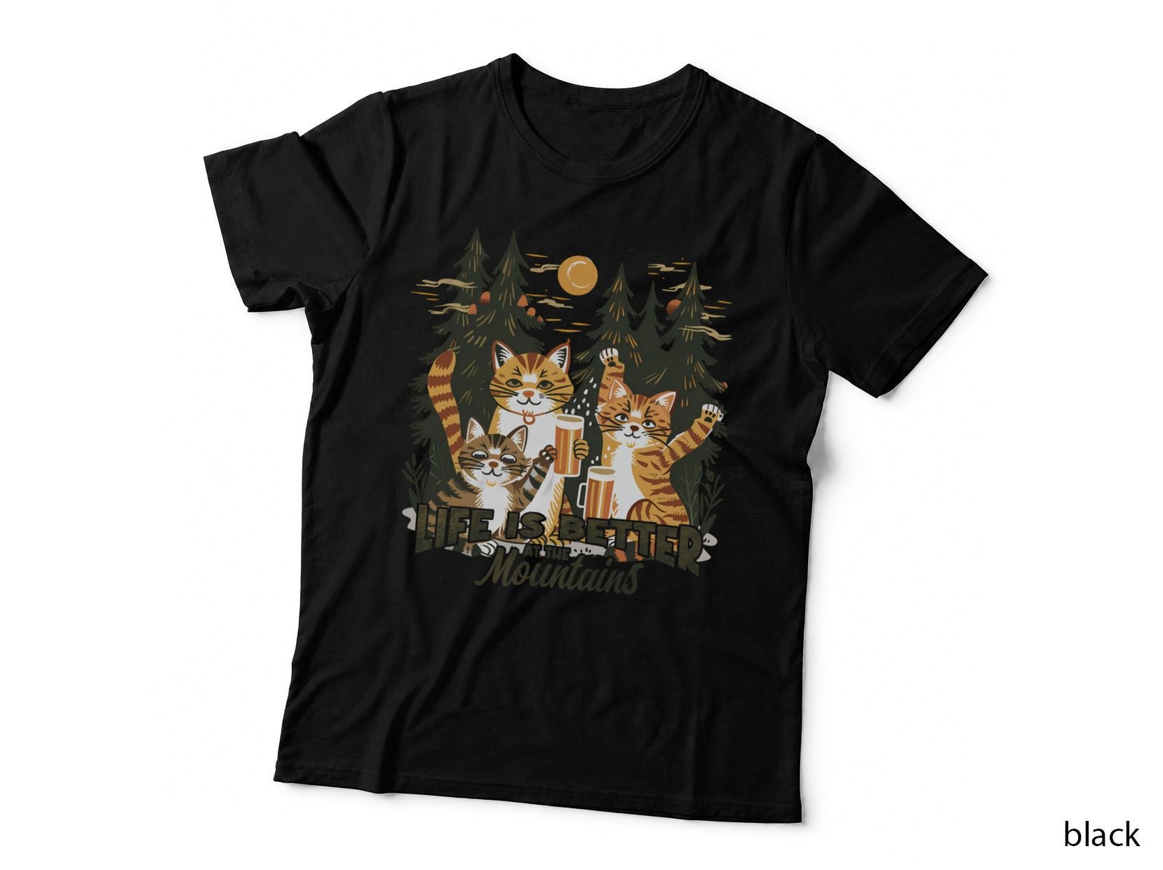 Life Is Better at the Mountains Cat T-Shirt, Cats in Forest with Beer Graphic