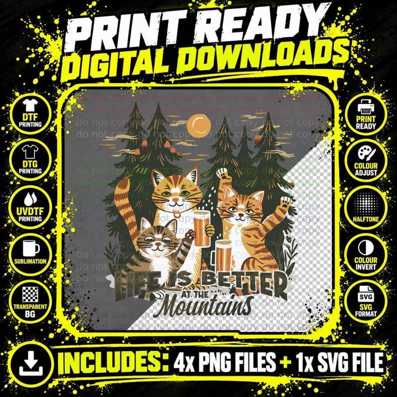 Life Is Better at the Mountains Cat T-Shirt Png SVG Digital Bundle