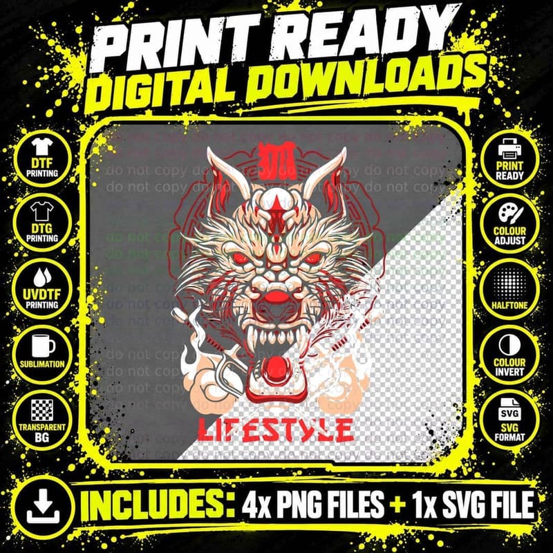 Lifestyle Dragon Head Red White Ornament Asian Flames Png SVG Digital Bundle