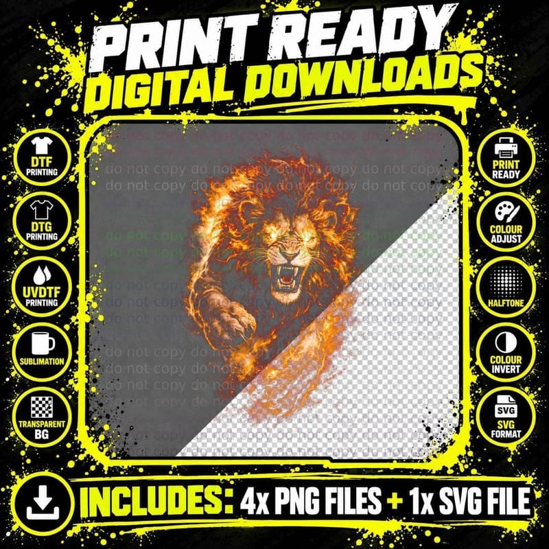 Lion T-Shirt, Halftone Fire Mane Lion Graphic Tee Png SVG Digital Bundle