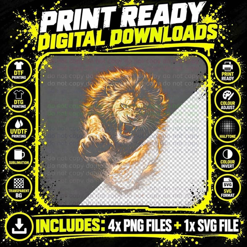 Lion T-Shirt, Halftone Golden Mane Lion Graphic Tee Png SVG Digital Bundle