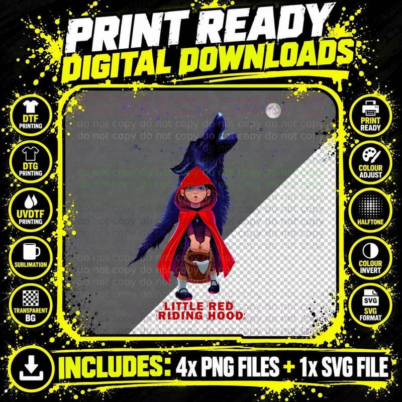 Little Red Riding Hood with Wolf at Moon Night T-Shirt Png SVG Digital Bundle