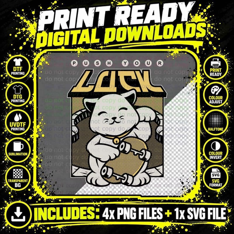 Lucky Cat Push Your Luck Maneki-Neko Gold White Japanese Png SVG Digital Bundle