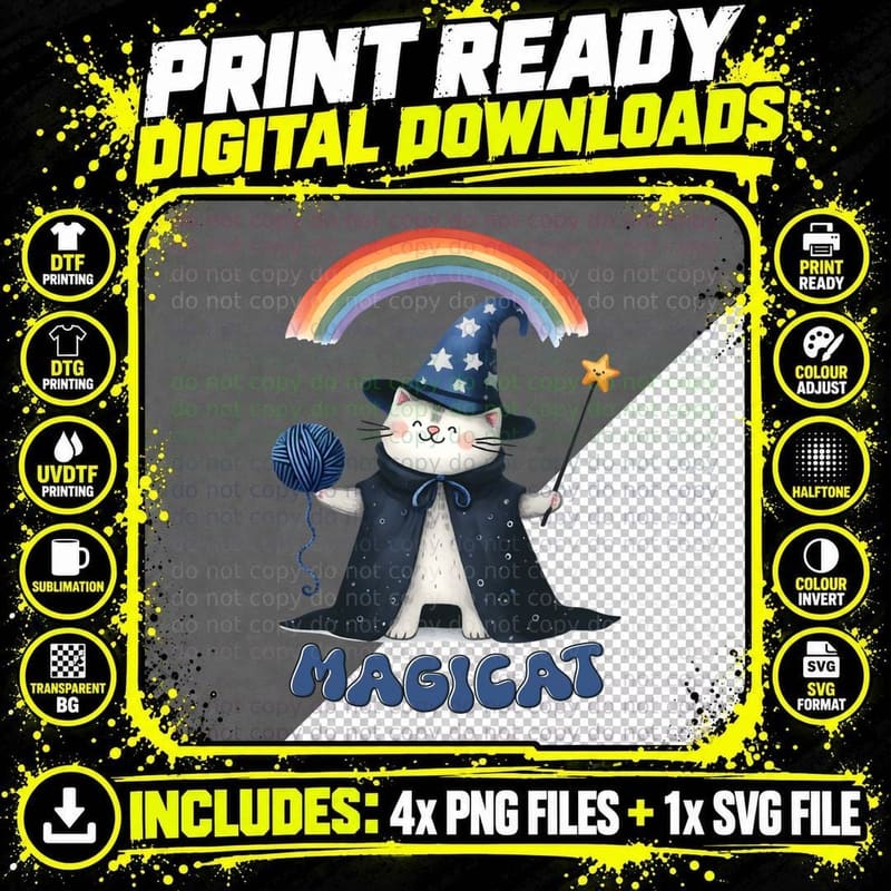 Magicat Cat T-Shirt, Magic Cat in Wizard Attire with Png SVG Digital Bundle