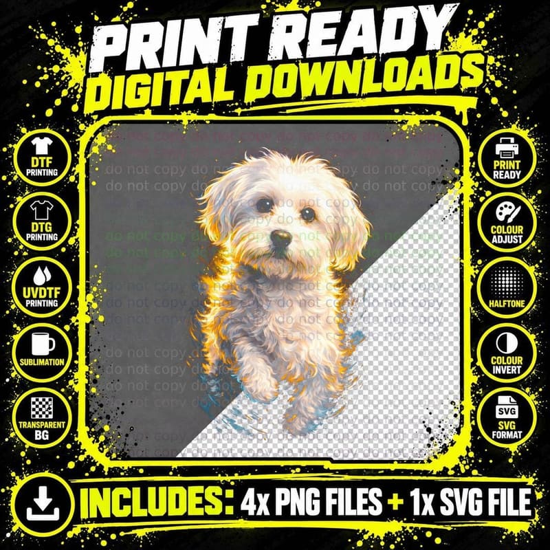 Maltese T-Shirt, Halftone Fire Ice Maltese Graphic Tee Png SVG Digital Bundle