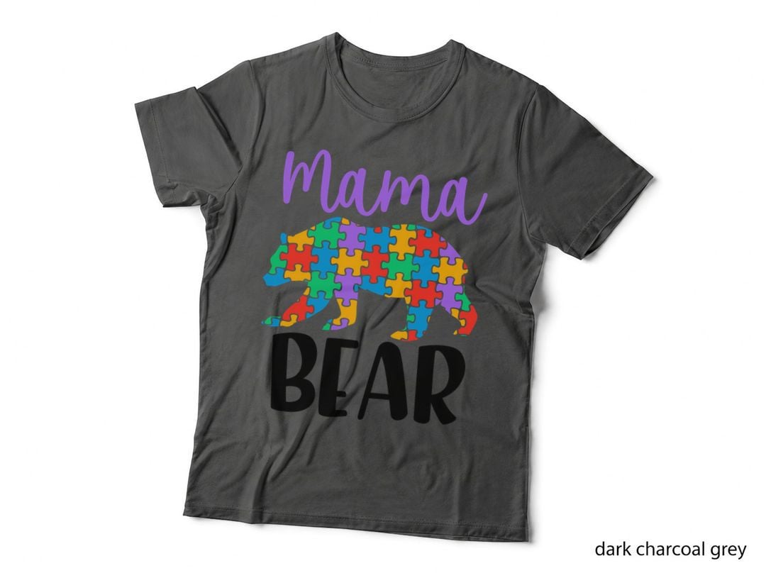 Mama Bear Autism T-Shirt, Colorful Puzzle Bear Silhouette Graphic Tee