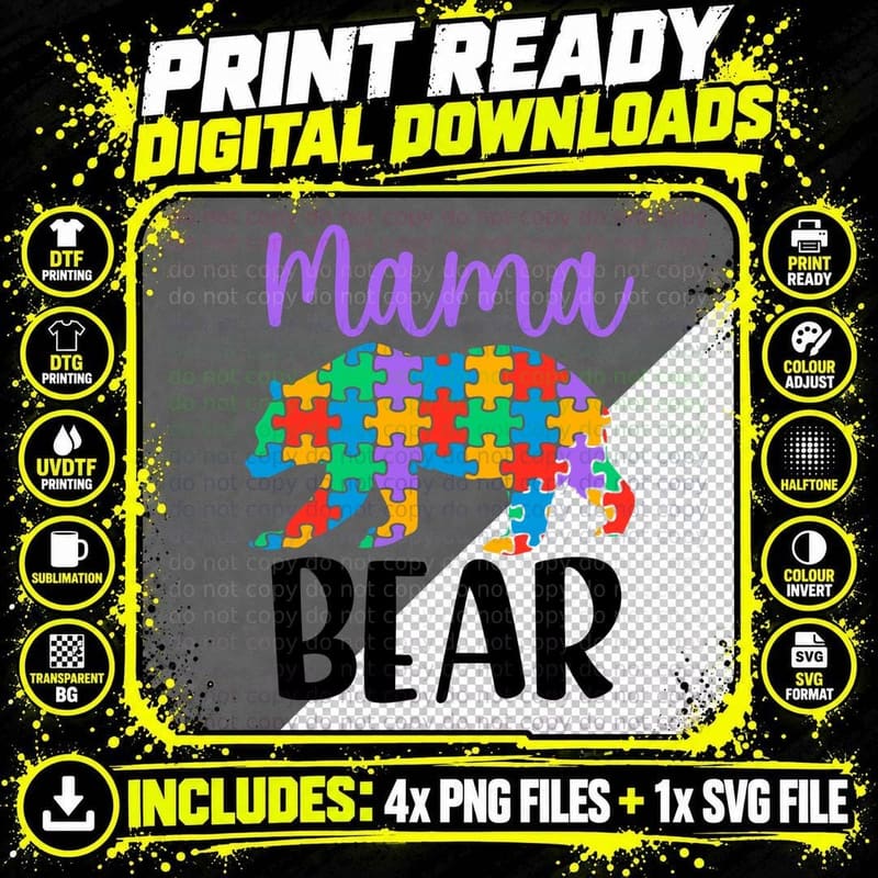 Mama Bear Autism T-Shirt, Colorful Puzzle Bear Png SVG Digital Bundle