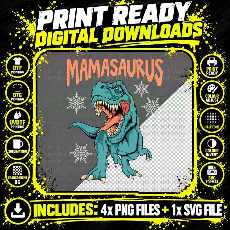 Mamasaurus Dinosaur Teal Green Holiday T-Shirt Png SVG Digital Bundle