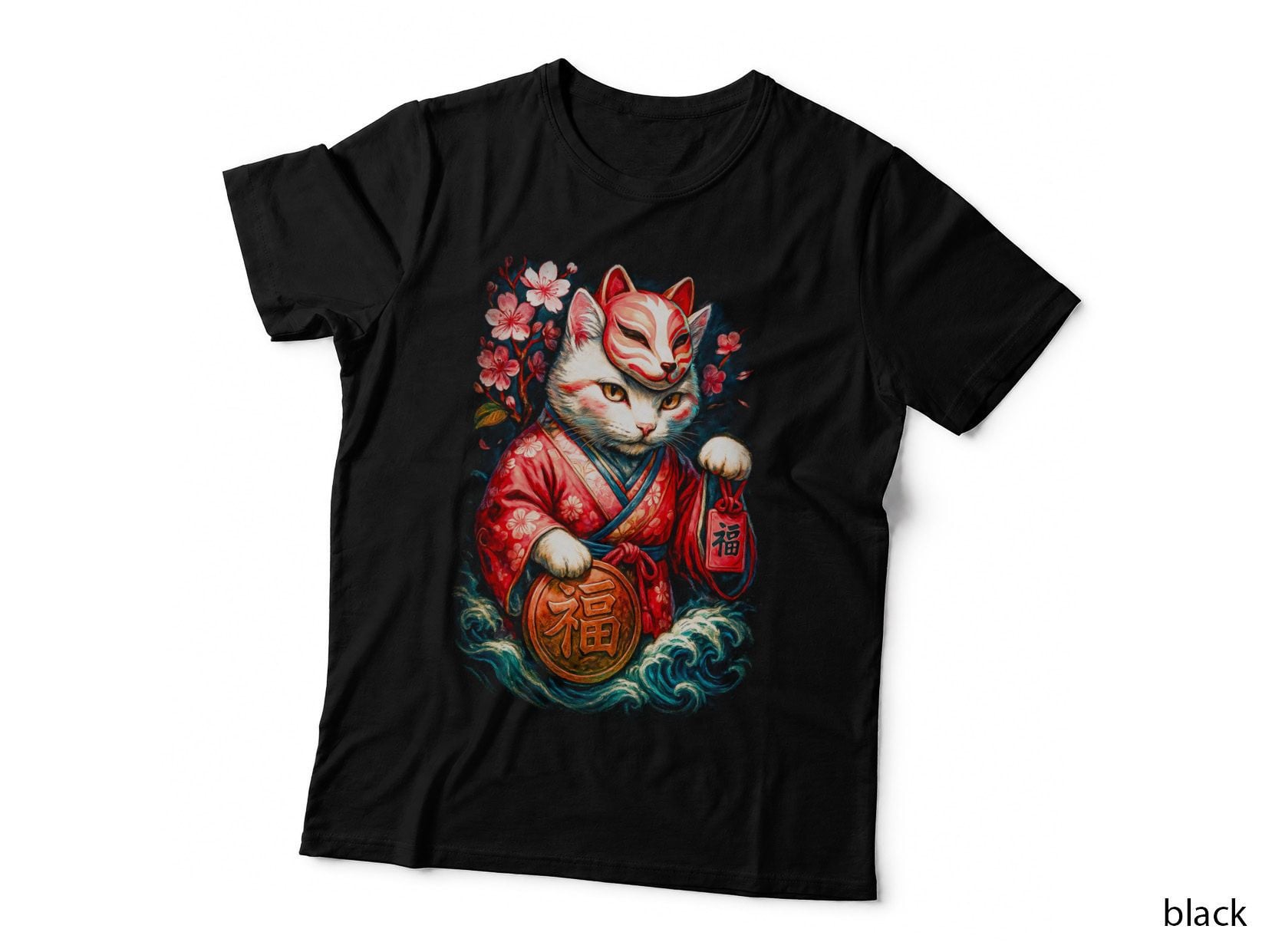 Maneki Neko T-Shirt, Halftone Lucky Cat Coin Graphic Tee, Japan Fortune Shirt