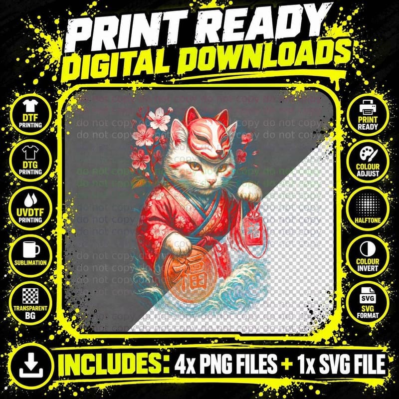 Maneki Neko T-Shirt, Halftone Lucky Cat Coin Graphic Tee Png SVG Digital Bundle