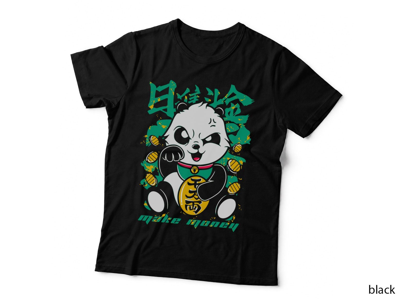 Maneki-Neko Cat White Green Lucky Fortune T-Shirt