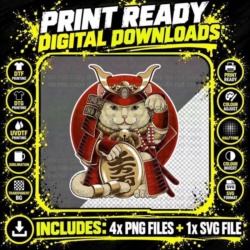 Maneki-Neko Lucky Cat Samurai Helmet Red Gold Coins Png SVG Digital Bundle
