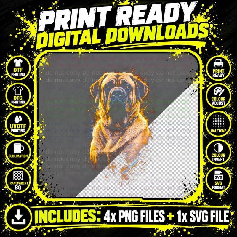 Mastiff T-Shirt, Halftone Golden Flame Mastiff Graphic Png SVG Digital Bundle