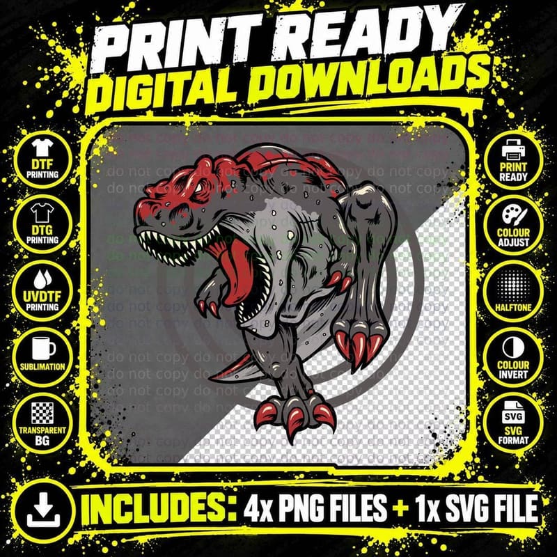 Mechanical Dinosaur T-Rex Robot Grey Red T-Shirt Png SVG Digital Bundle