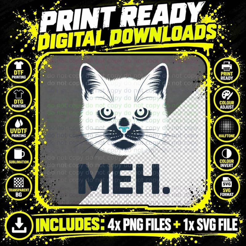 Meh. Cat T-Shirt, Black Cat Face with Meh Expression Png SVG Digital Bundle