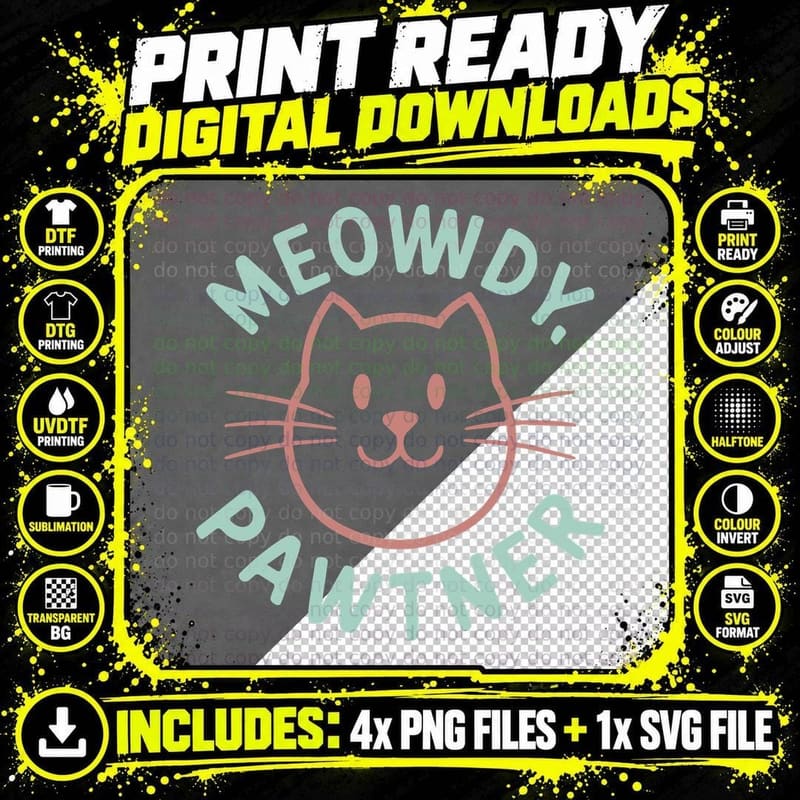 Meowdy Pawtner Cat T-Shirt, Cat Face in Circle Graphic Png SVG Digital Bundle