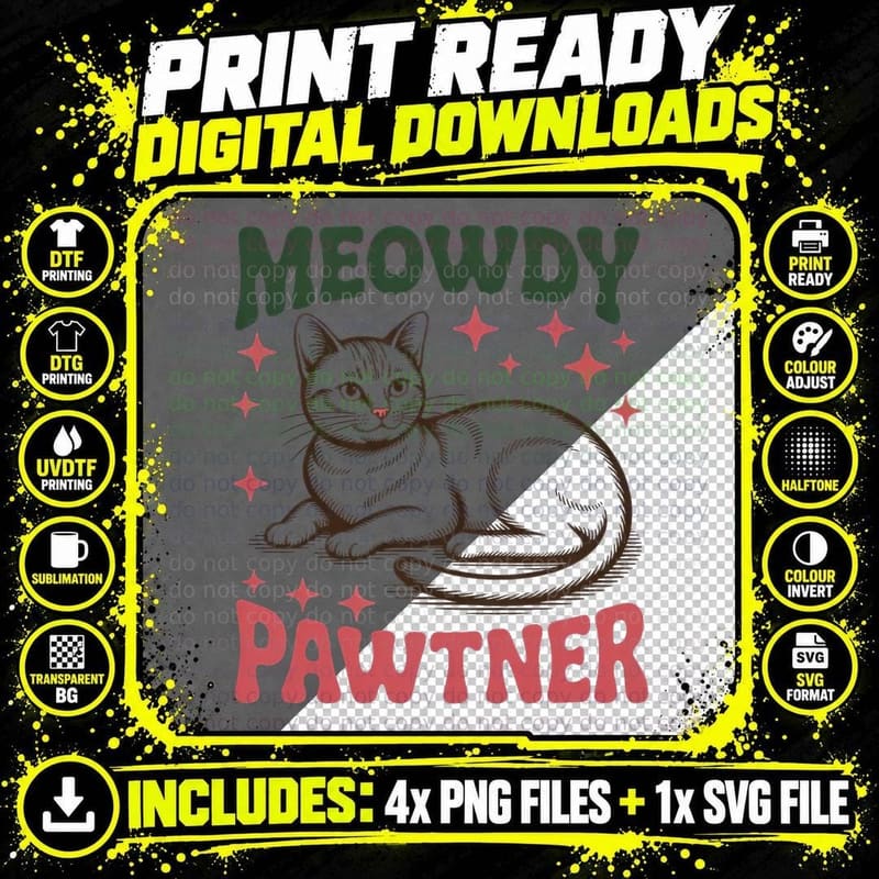 Meowdy Pawtner Cat T-Shirt, Cat Lying Down with Stars Png SVG Digital Bundle