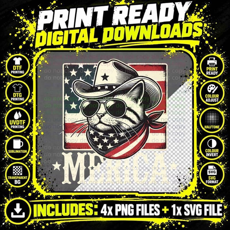 Merica Cat T-Shirt, Patriotic Cat Wearing Cowboy Hat Png SVG Digital Bundle