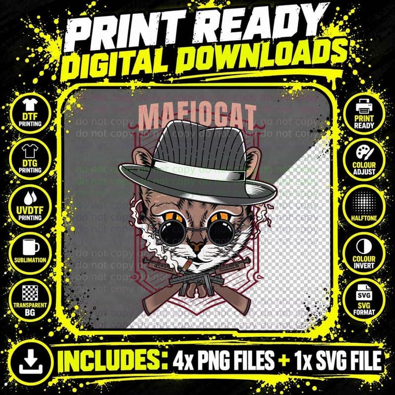 Mobster Cat Retro Cool Fedora Cigar Smoking T-Shirt Png SVG Digital Bundle