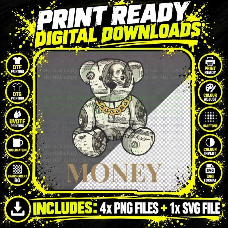 Money Bear Made of Dollar Bills Engraving T-Shirt Png SVG Digital Bundle
