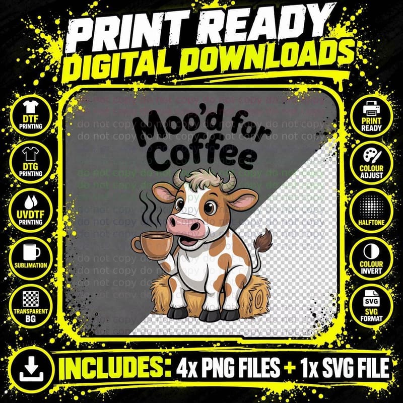 Mood for Coffee T-Shirt, Cow Holding Coffee Cup Graphic Png SVG Digital Bundle