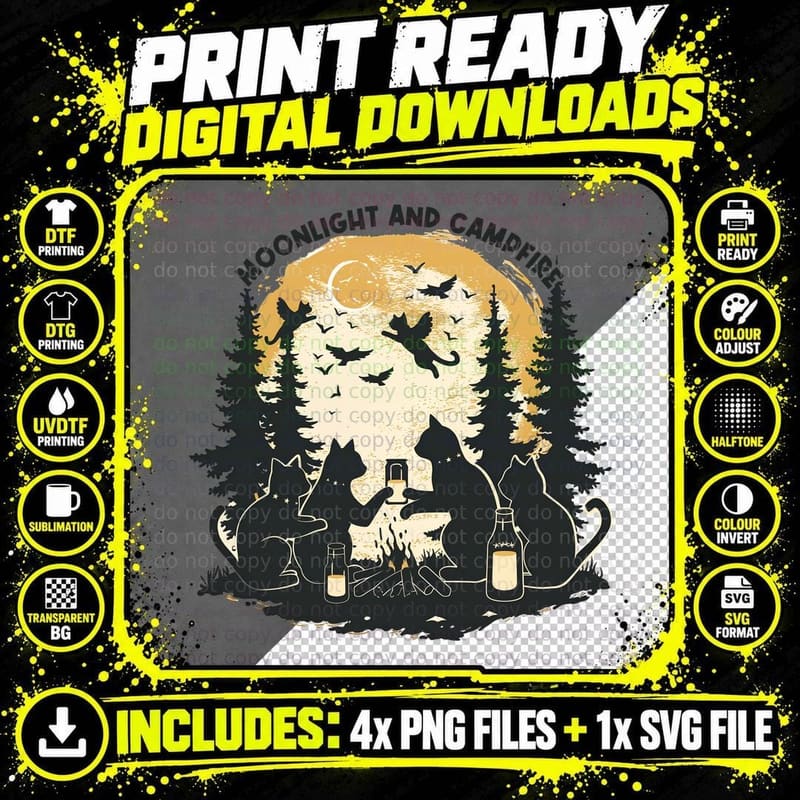 Moonlight and Campfire Cat T-Shirt Png SVG Digital Bundle