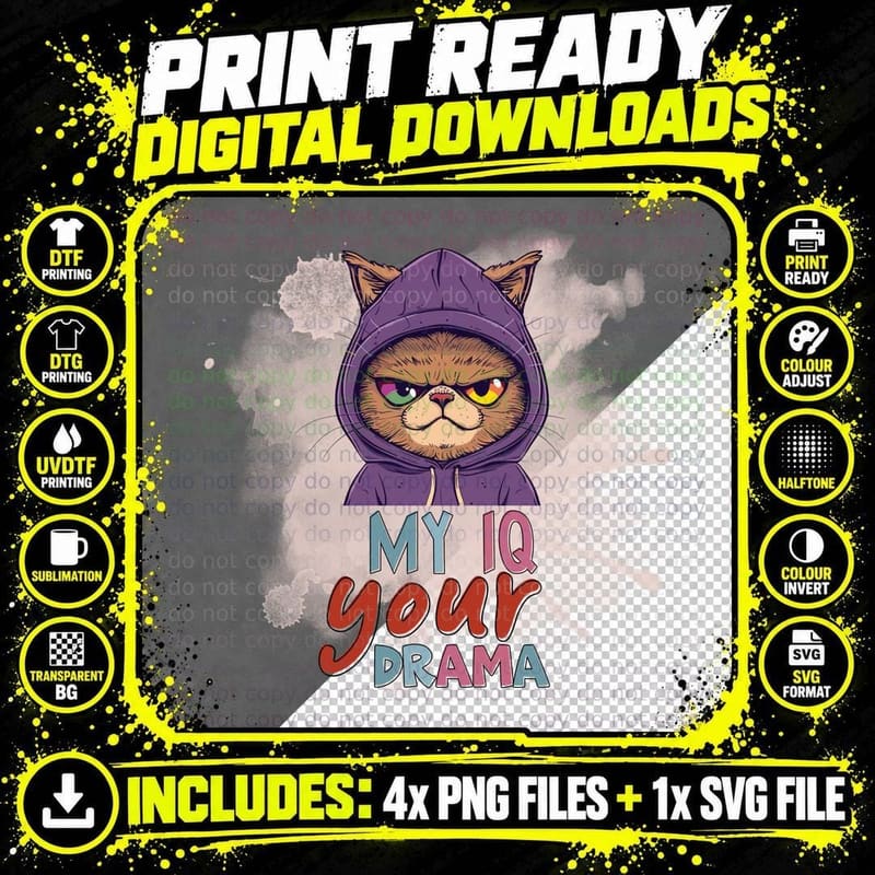 My Iq Your Drama Cat T-Shirt, Angry Cat in Hoodie Png SVG Digital Bundle