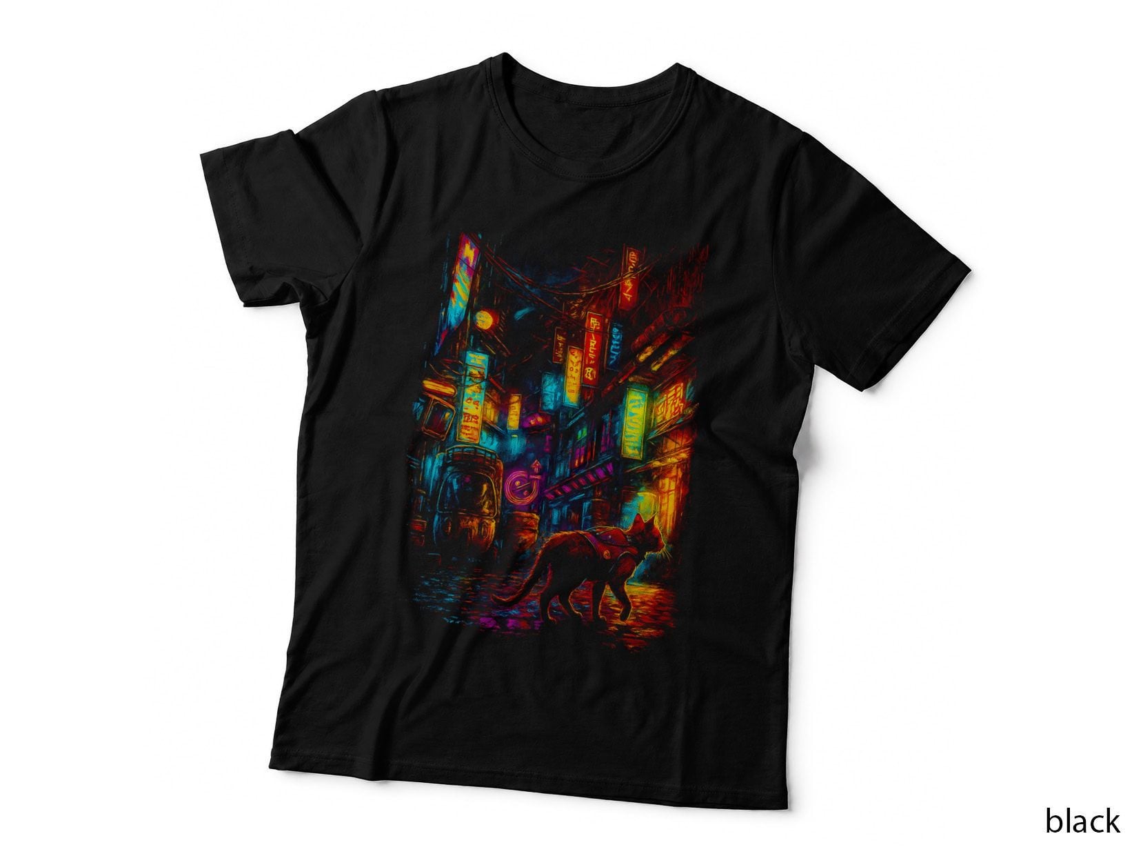 Neon Alley Cyberpunk T-Shirt, Halftone Neon Cat Street Graphic Tee