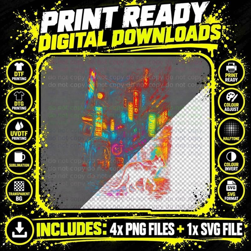 Neon Alley Cyberpunk T-Shirt, Halftone Neon Cat Street Png SVG Digital Bundle
