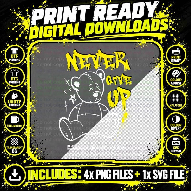 Never Give up White Bear Outline Sketchy Y2k T-Shirt Png SVG Digital Bundle