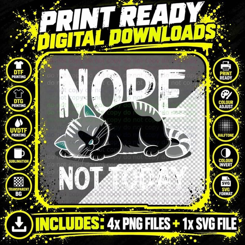 Nope Not Today Cat T-Shirt, Sleeping Cat on Gray Png SVG Digital Bundle