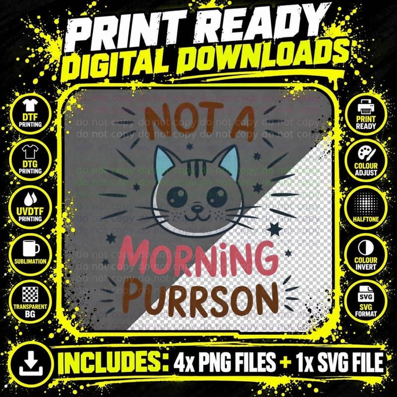 Not a Morning Purrson Cat T-Shirt, Cat Face with Stars Png SVG Digital Bundle