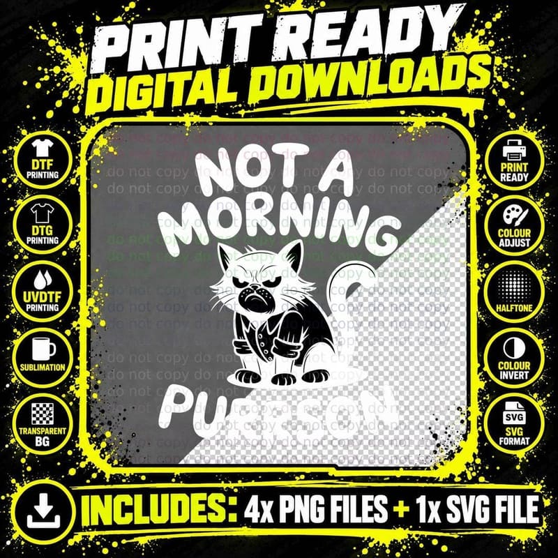 Not a Morning Purrson Cat T-Shirt, Grumpy Cat in Pajamas Png SVG Digital Bundle