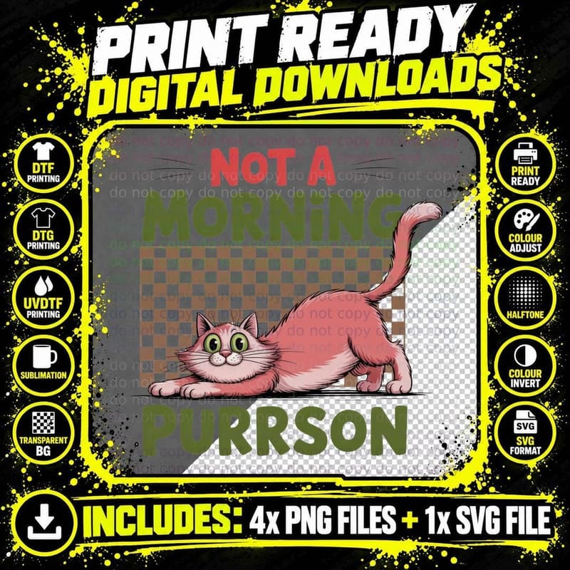 Not a Morning Purrson Cat T-Shirt, Pink Cat Stretching Png SVG Digital Bundle